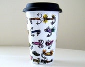 Father's Day Ceramic Travel Mug Painted Fishing Poles Lures Reels Bait Flies Sports Outdoors Black white Eco Coffee Cup
