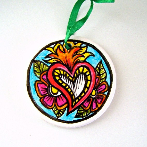 Sacred Heart Ornament Ceramic Folk Art Flowers Pink Blue Hand Painted Personalize Customize Home Decor - READY TO SHIP