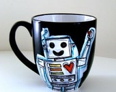 Father's Day Gift - Hand Painted - Robot Mug - Black Ceramic - Geekery - Red Hearts - Turquoise Blue - Black and White - READY TO SHIP
