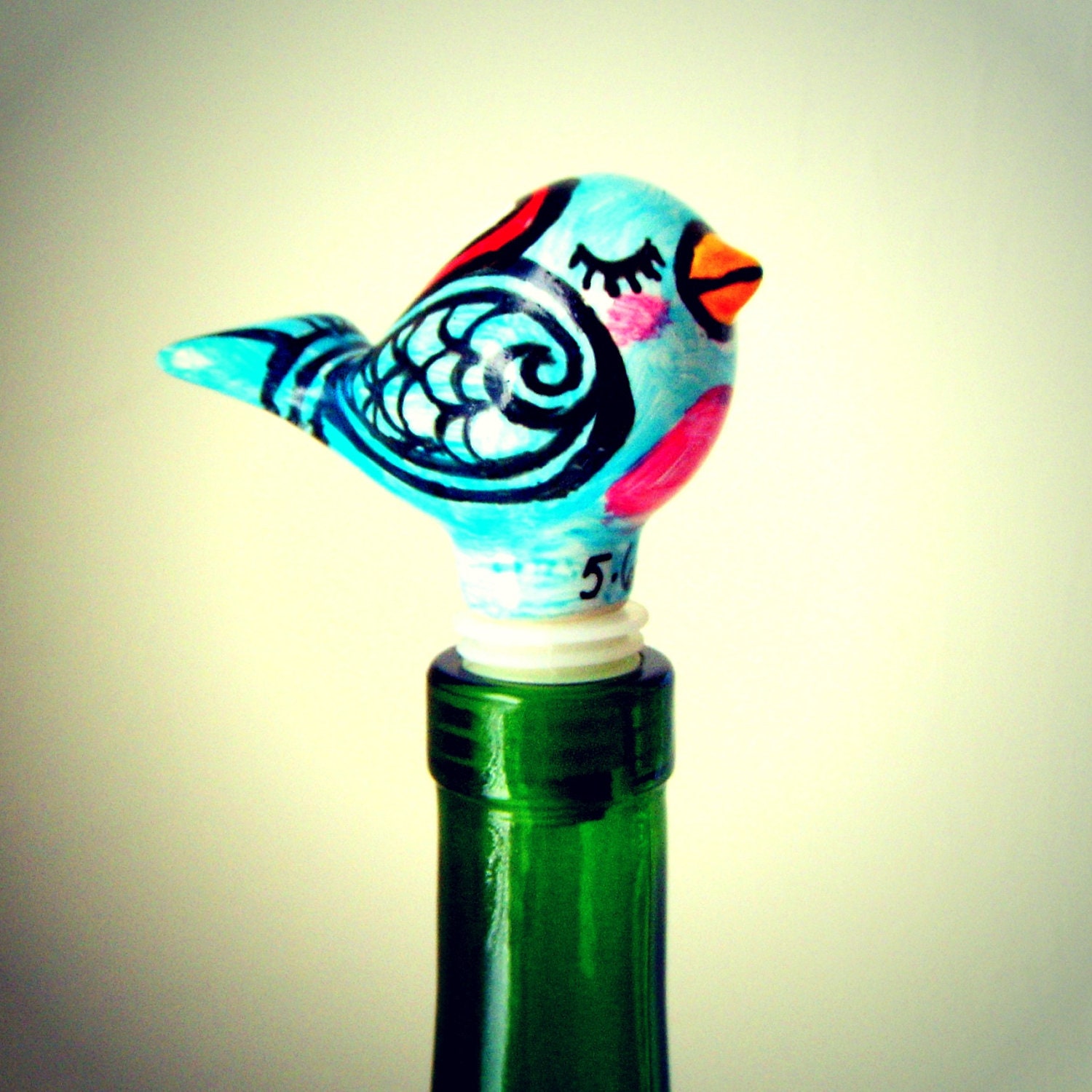 Love Bird Bottle Stopper Turquoise Blues Red Heart Ceramic Wine Stopper Painted Customize Personalize Initials Dates