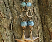 Kyanite and Vintaj Brass Long Dangle Earrings with Stars