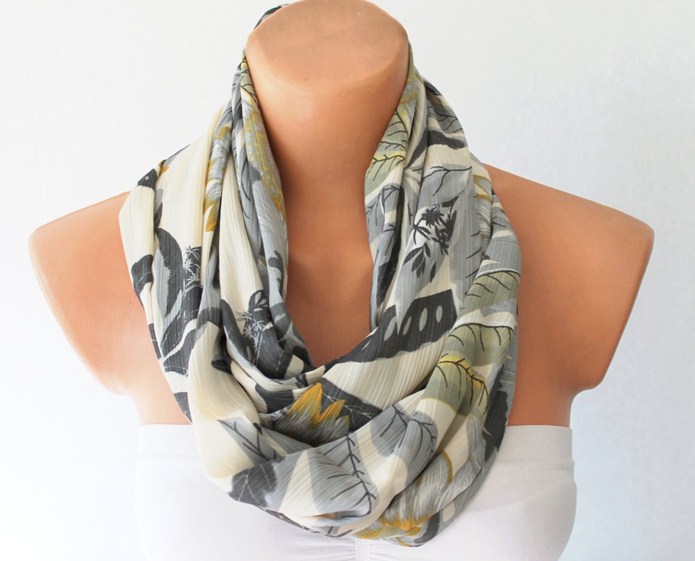 Infinity Scarf Loop Scarf Circle Scarf Cowl Scarf Grey Leaves Print Soft and Lightweight Flower Garden