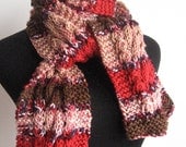 Hand Knit Scarf Peach, Navy, Brown and Red  Cable and Lace Scarf Vegan Scarf Winter Fashion Red Knitted Scarf