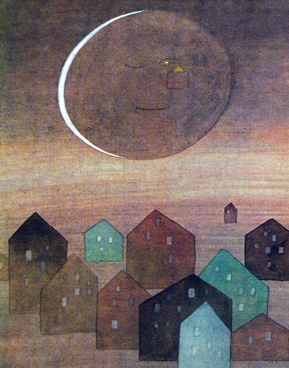 Vintage Fairy Tale Illustration "Moon City" Soviet Fairytale - Nursery Decor - Little Houses Print - Night Sky Art - Moon Art