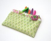 Zipper Pouch, Pencil Case, or Cosmetic Bag - Flashy Tealight in Green with Handmade Felt Floral Zipper Pull