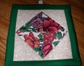 PATCHWORK Pot Holder - Quilted Floral Diamond 7.25 in square - from TessieTextile