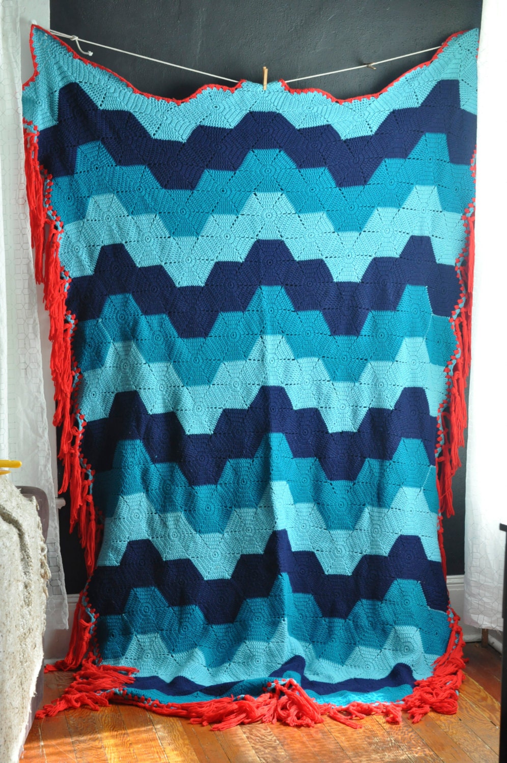 Vintage Beautiful Large 1970s Afghan Teal and Blue Hexagons with Red Fringe