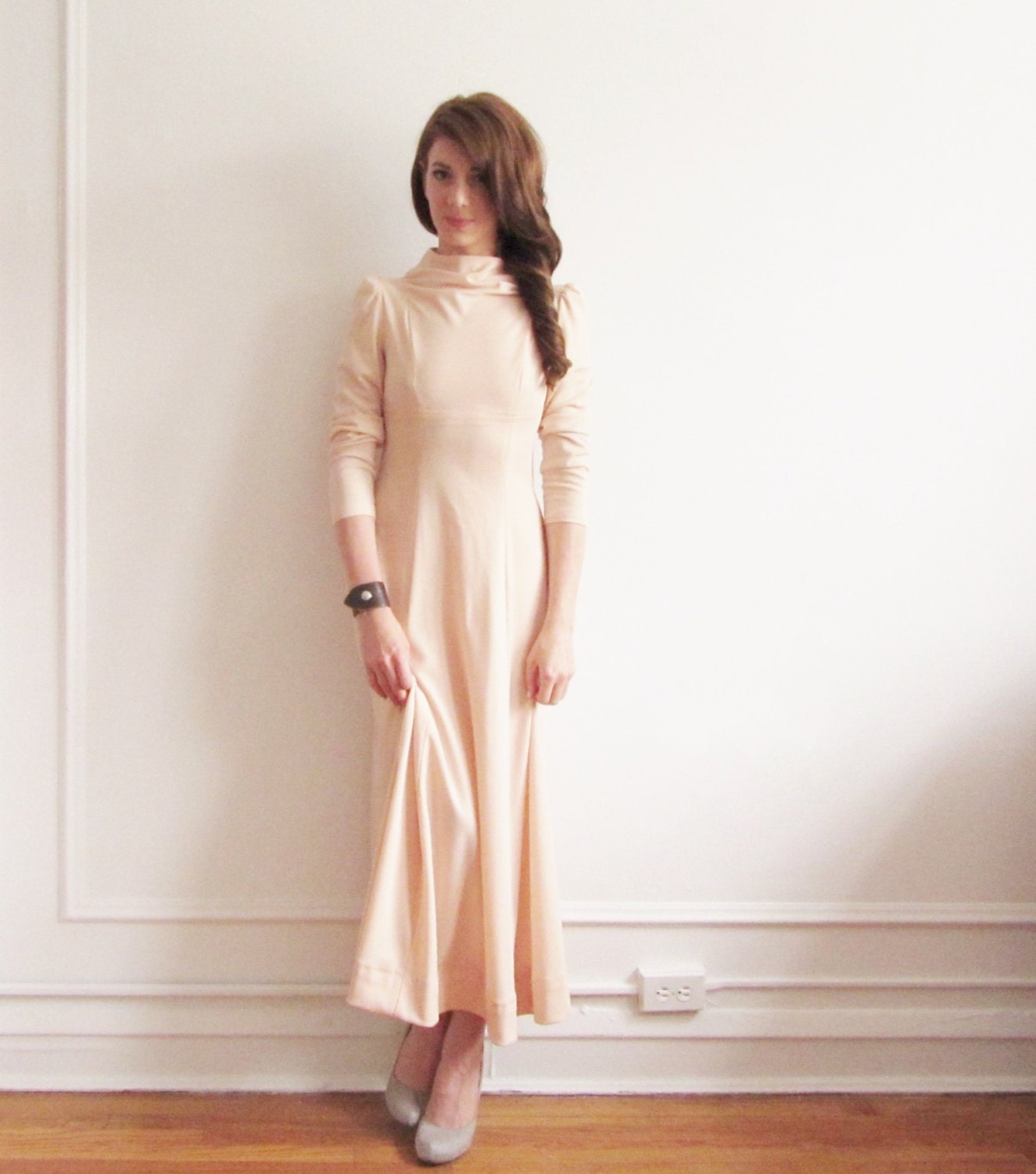 formal peach gown . 1970 bohemian evening wear .small.medium