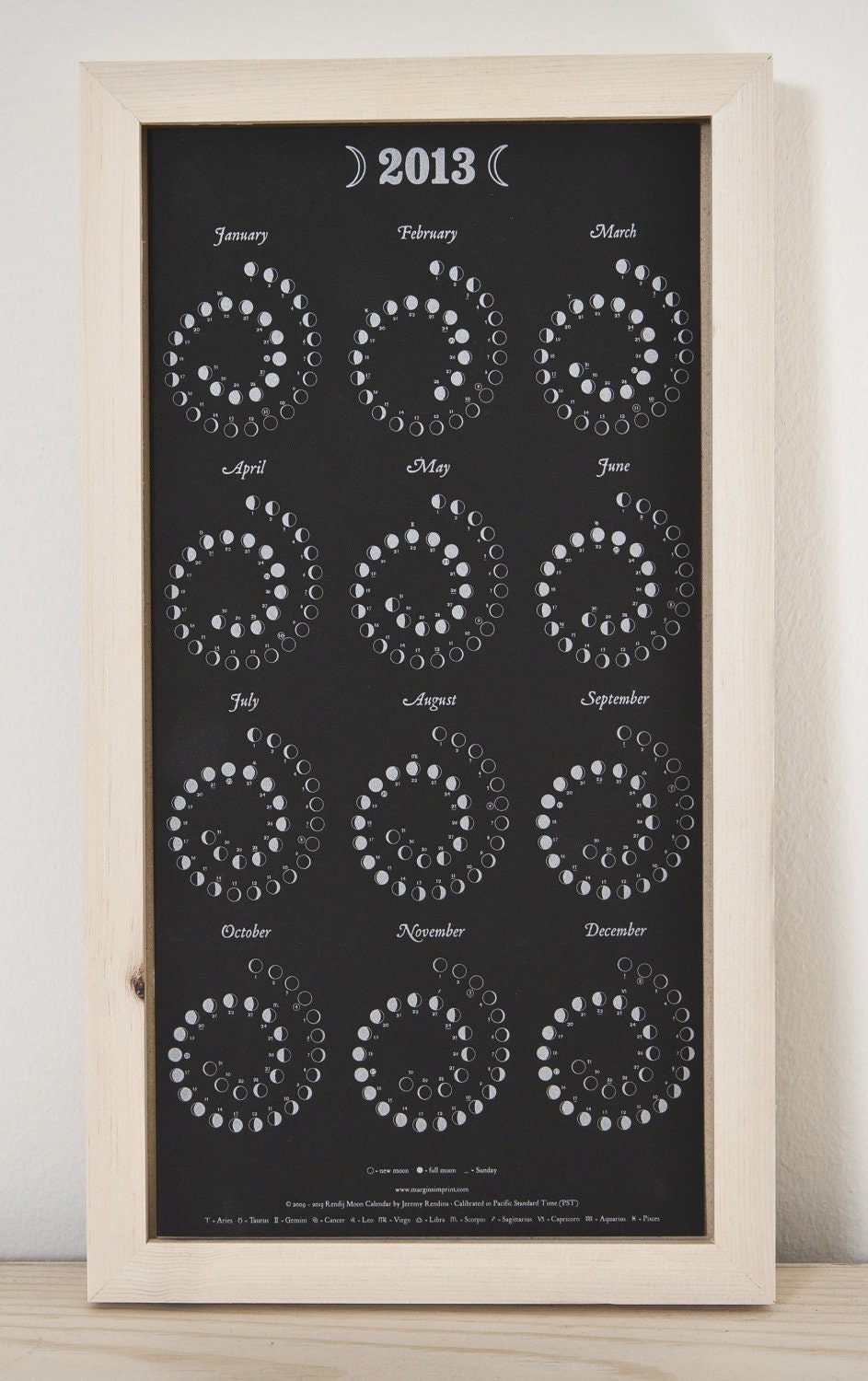 FRAMED 2013 Moon Calendar - LETTERPRESS PRINT in blue pine frame
