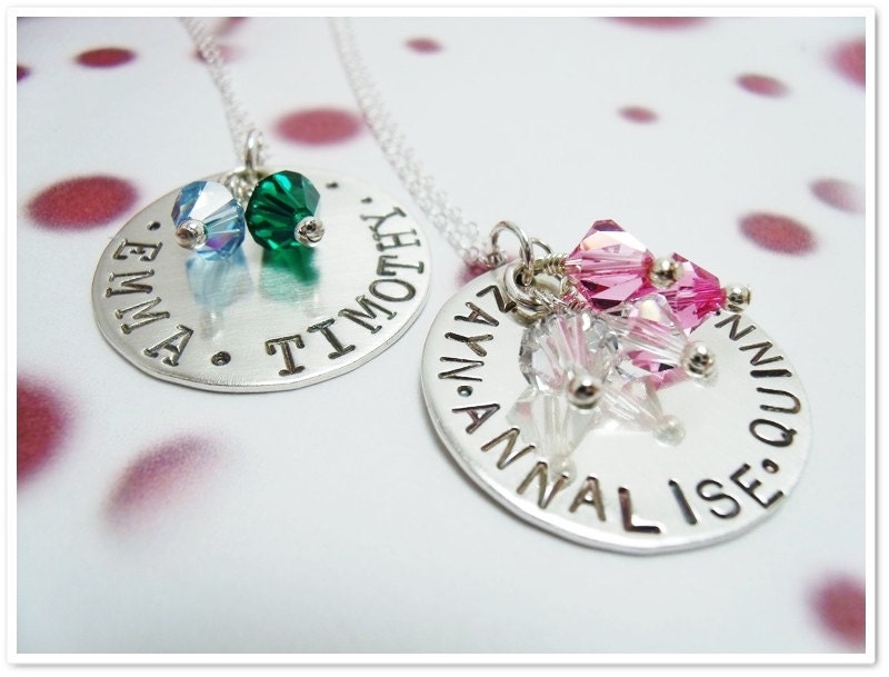SALE -Hand Stamped Mom Necklace with Swarvoski Birthstones - Personalized Mother Grandmother Jewelry Sterling Silver