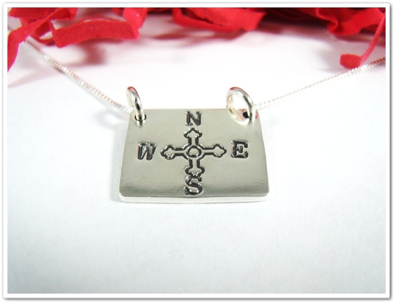 SALE -Sterling Silver Compass Necklace - Hand Stamped Round or Square Style Compass Charm Necklace