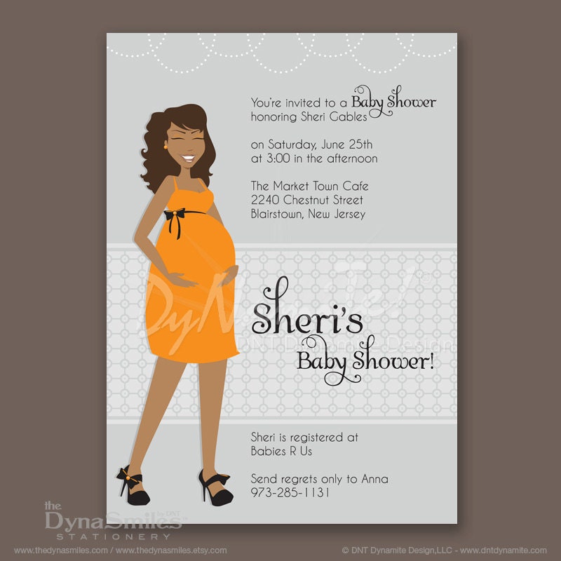 Pregnant Diva - Baby Shower Invitation - African American - Long Wavy Hair Style