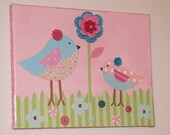 Pink and Aqua Birdy 8 by 10 Mixed Media Painting--- Ready to Ship Il_170x135
