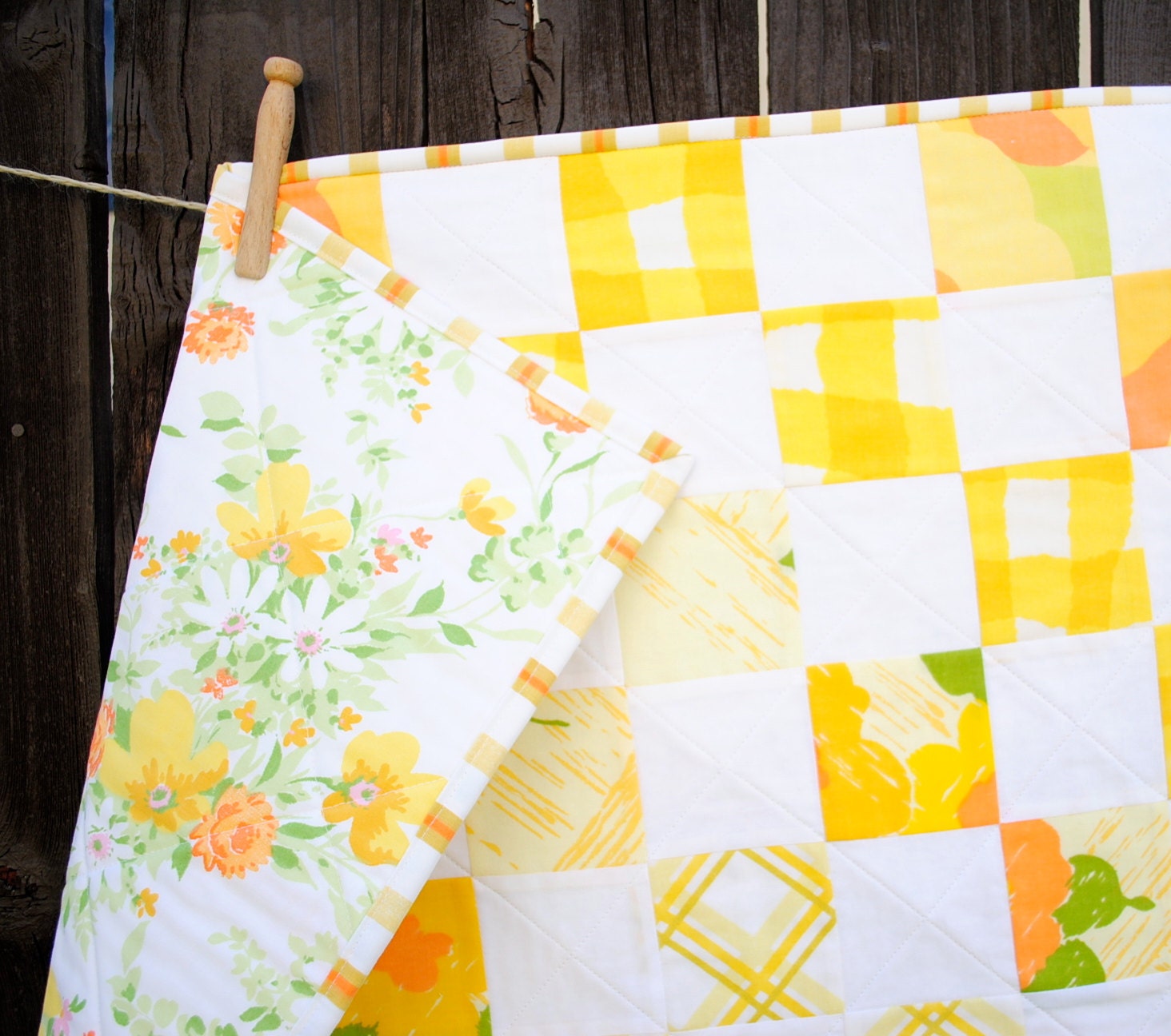 Crib, Toddler, Baby Quilt - Vintage Sheets Yellow