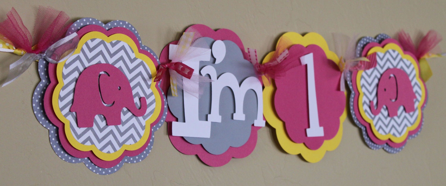 Elephant Hot Pink, Bright Yellow, and Gray Chevron Stripe Polka Dot I'm 1 High Chair Age Banner Highchair Girl Baby Shower Party Decorations