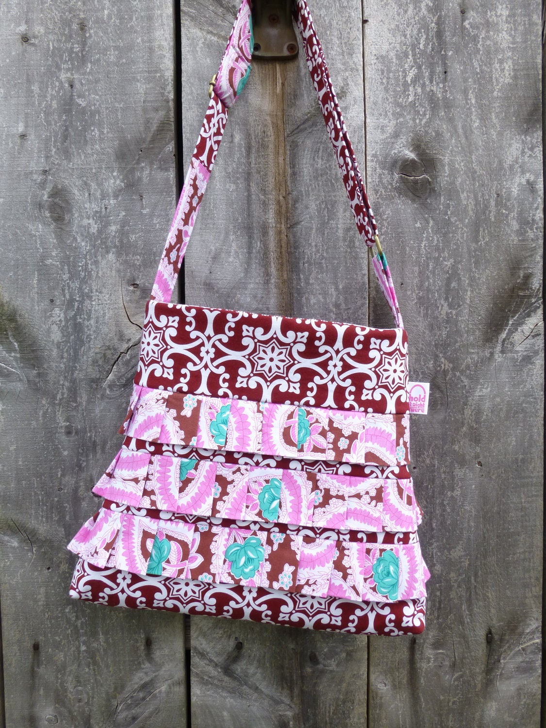 RUFFLED CROSSBODY HIPSTER  - Jennifer Paganelli's Pink and Brown So St. Croix Prints - Quilted Adjustable Strap converts to Shoulder Bag
