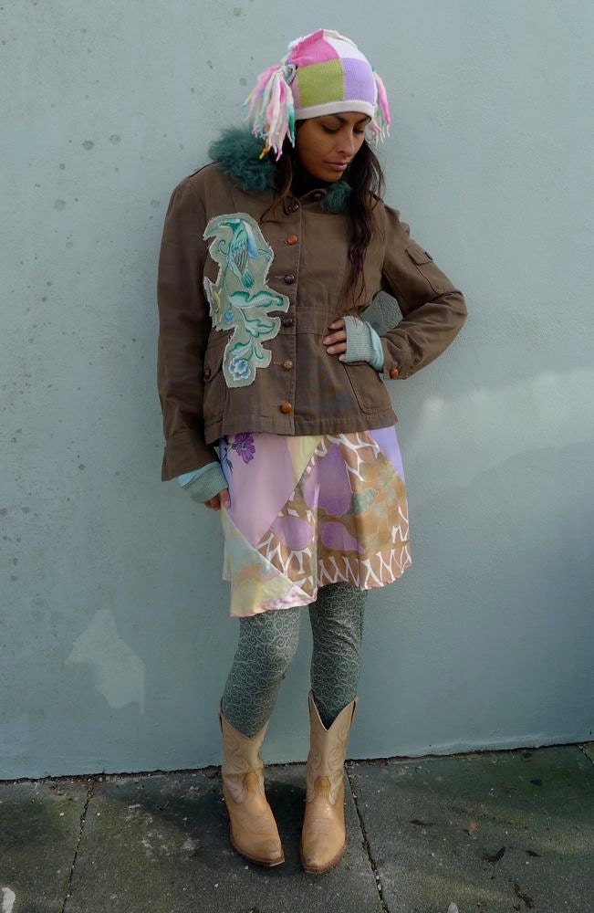 Upcycled Jacket with Exotic Floral Applique & Sheepskin Trim                  Made in England UK