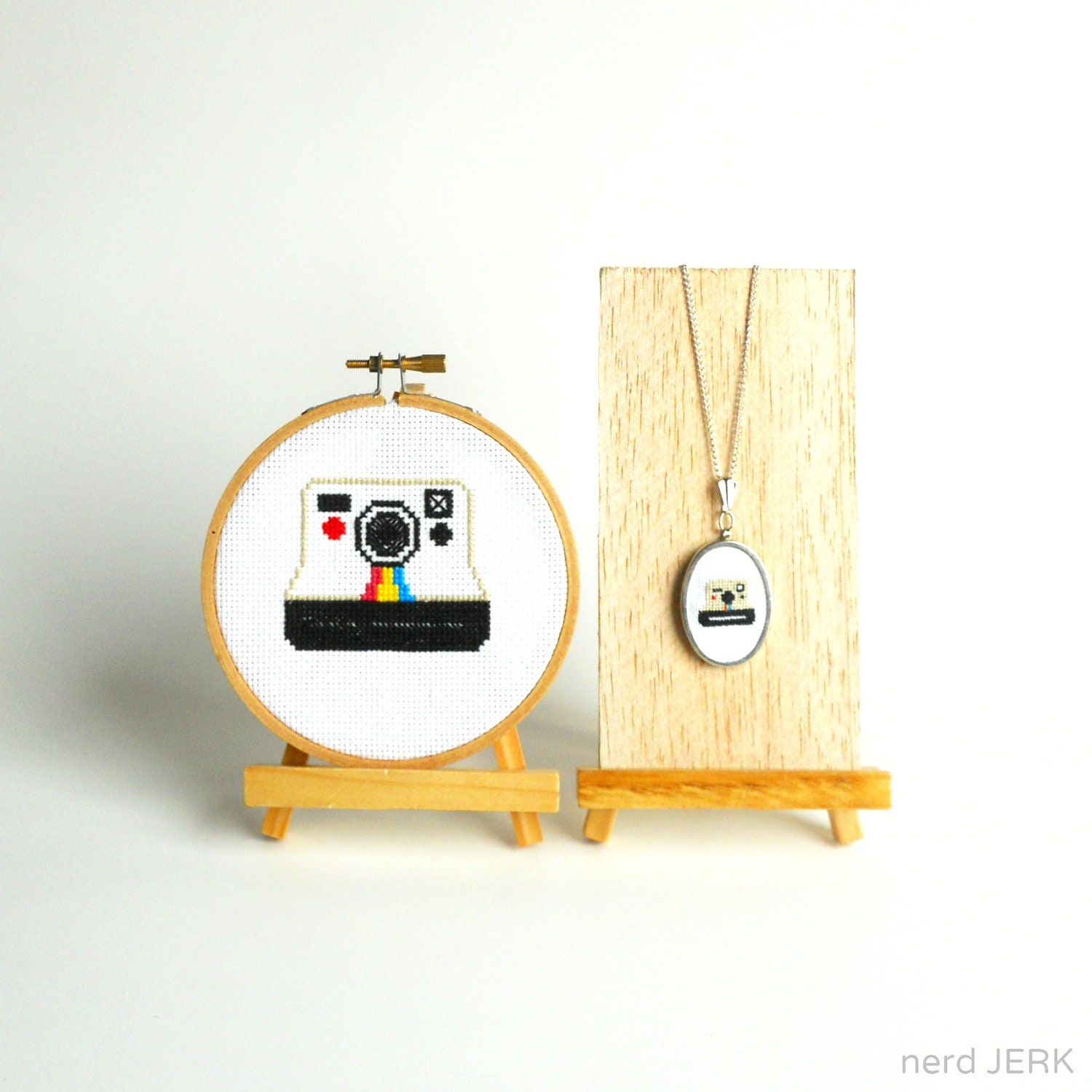 Polaroid Camera Necklace - Inspired by Instagram - Handmade Cross-Stitch Art on Silvertone Pendant