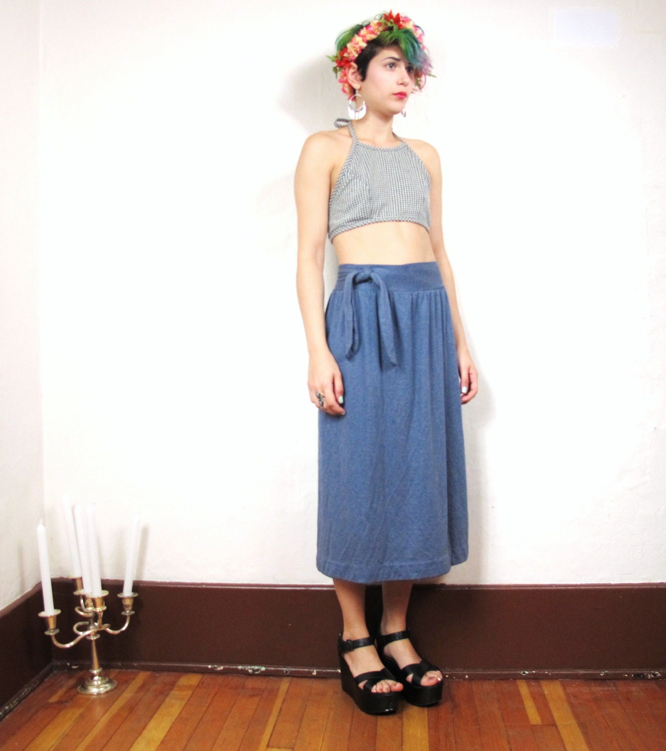 80s Heather Blue Jersey Wrap Skirt (M)
