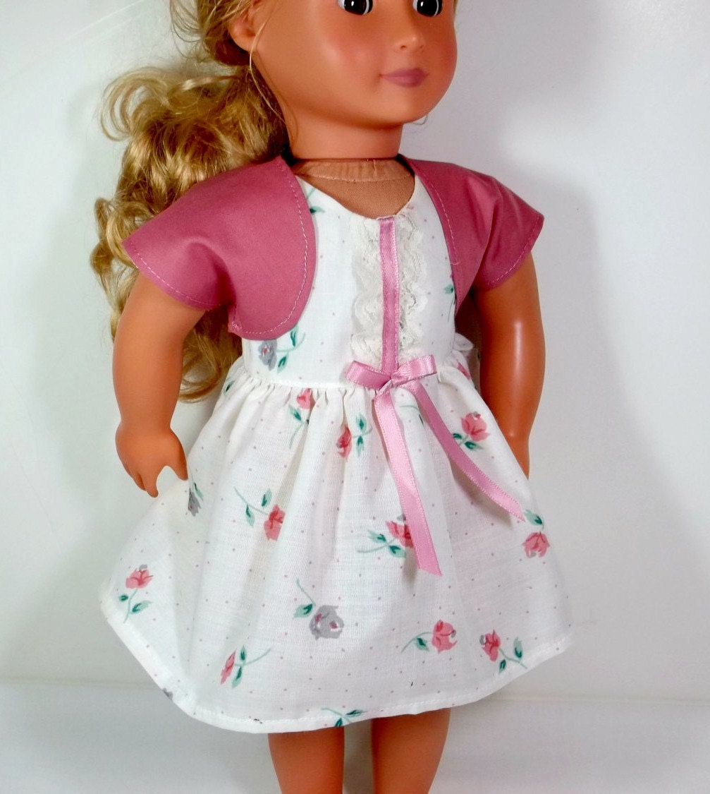 American Girl  Doll Clothes  18 inch Doll Dress -  Rosebud Dress with Rose Shrug
