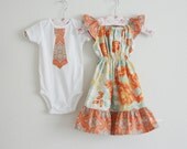 Brother / Sister SET ... Heirloom Flutter sleeves Peasant Dress & Matching Neck Tie Applique Boys SHORT sleeves T-shirts or Onesie