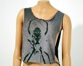 sale Grunge Grey Spider  Side Cut Crop Top Hand Dyed Oversize Women's Small