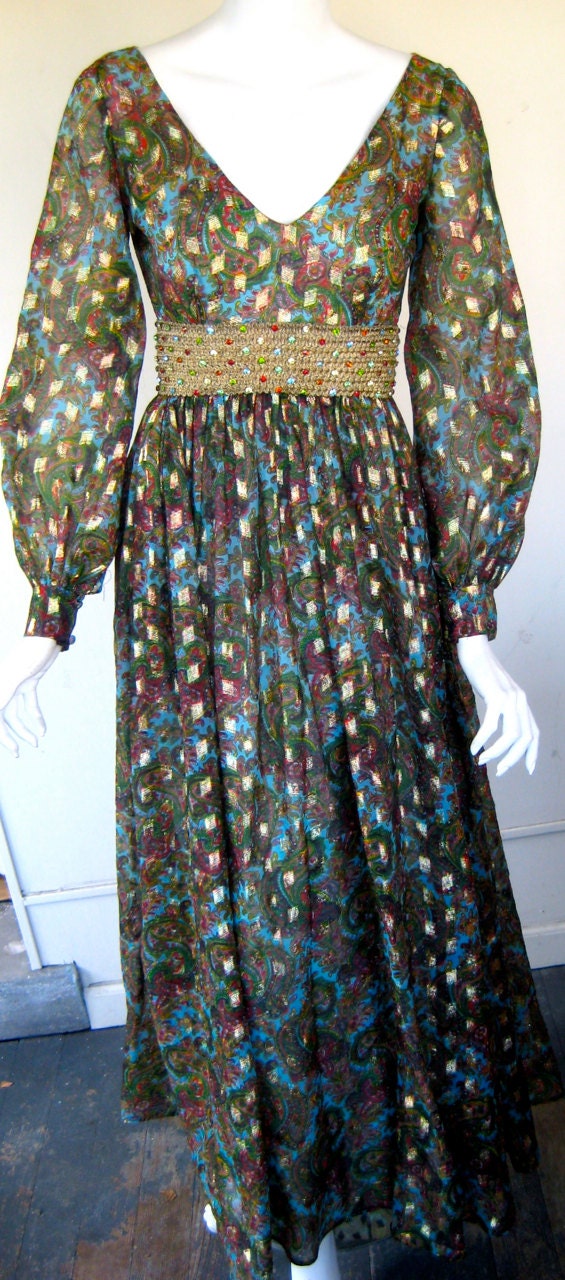 vtg MALCOLM STARR 1960s jeweled metallic chiffon lame maxi peasant evening dress