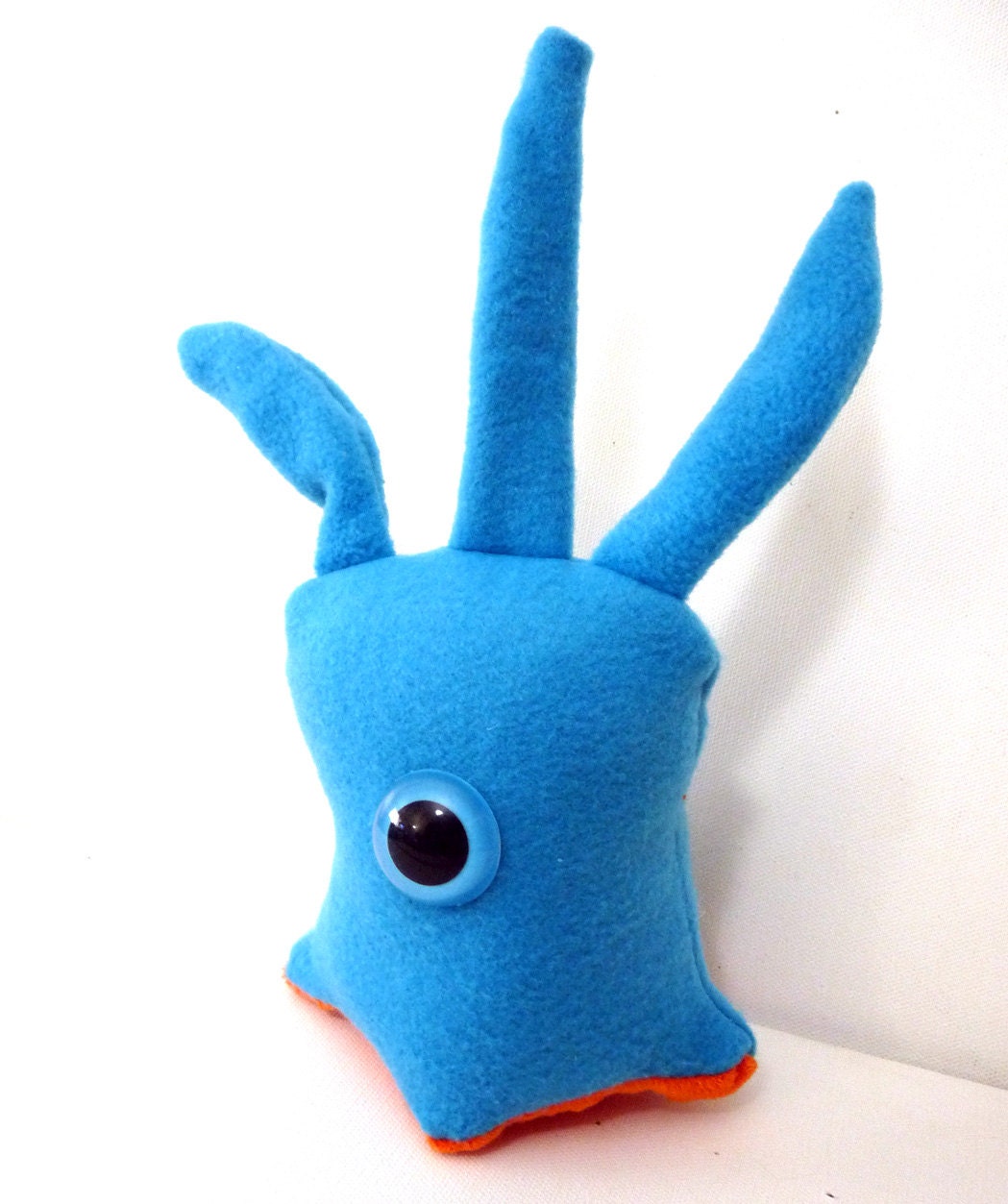 Trihawk- bright blue mini alien monster plush with 3 antenna - blue and orange small plush monster creature
