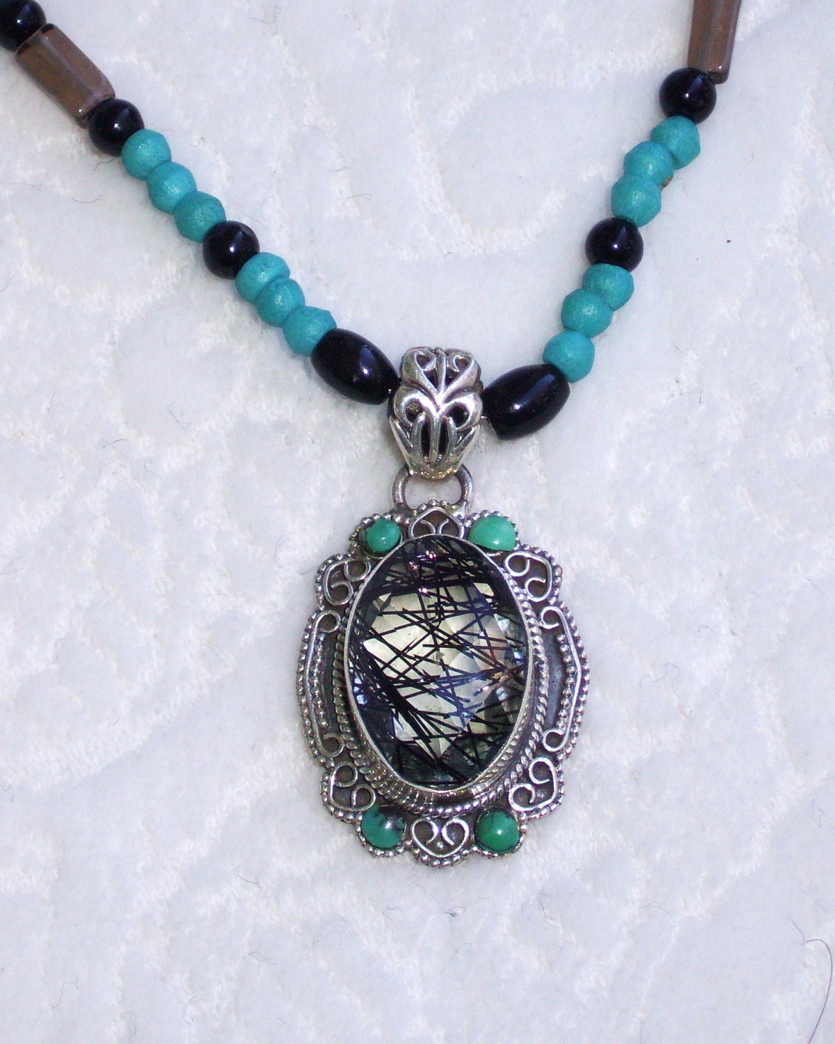 Black Rutilated Quartz Crystal handmade necklace, smokie quartz  turquoise Onyx Delicate  SS Pendent