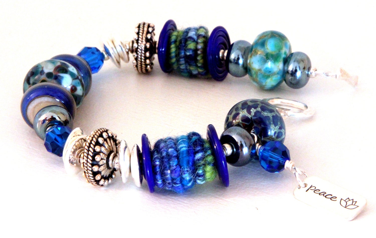 Lampwork & Fiber Bead Bracelet. Deep Blue Bracelet. Lampwork Bead Jewelry. Fiber Bead Jewelry.  Handmade Artisan Bracelet.