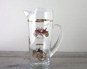 Vintage Glass Pitcher with Ford and Reo Cars with Gold Trim