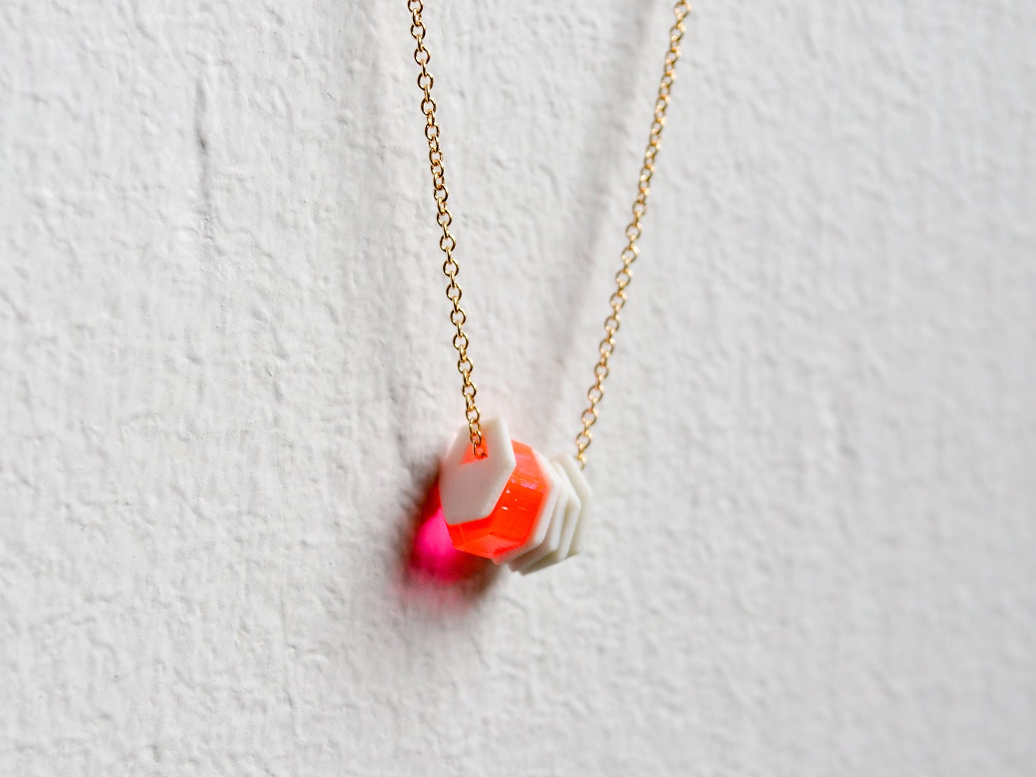 Geometric Porcelain Necklace - Hexagon Jewelry - White and Neon Pink