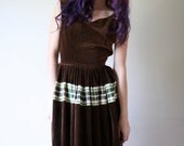 50s Velvet Dress /  Taffeta / Plaid Party Dress / Brown & Green / Chocolate and Mint / Size Small sm 0-2