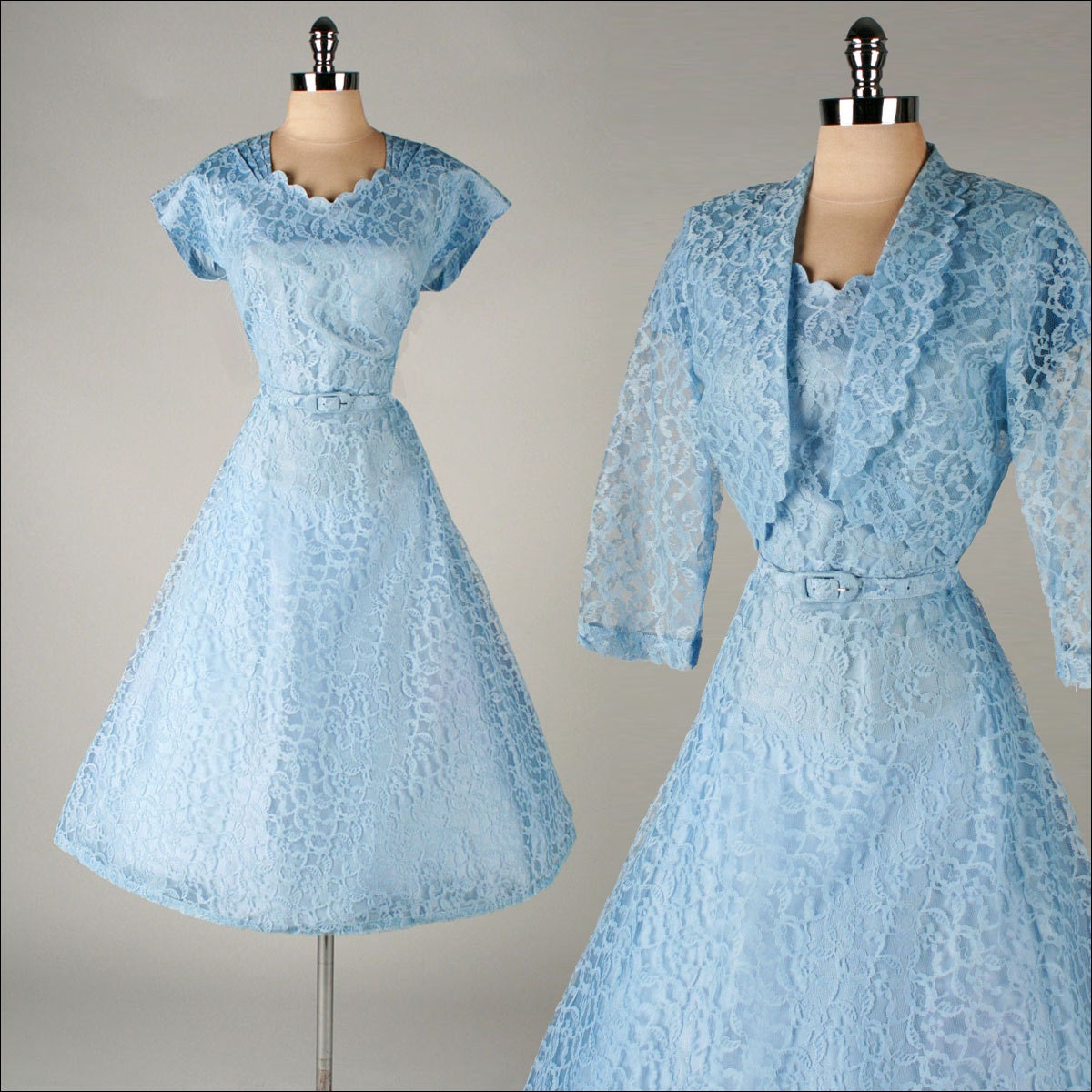 vintage 1950s dress . blue lace . belt and bolero . 3375