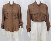 Silk Brown Utility Style Button Up Blouse / M