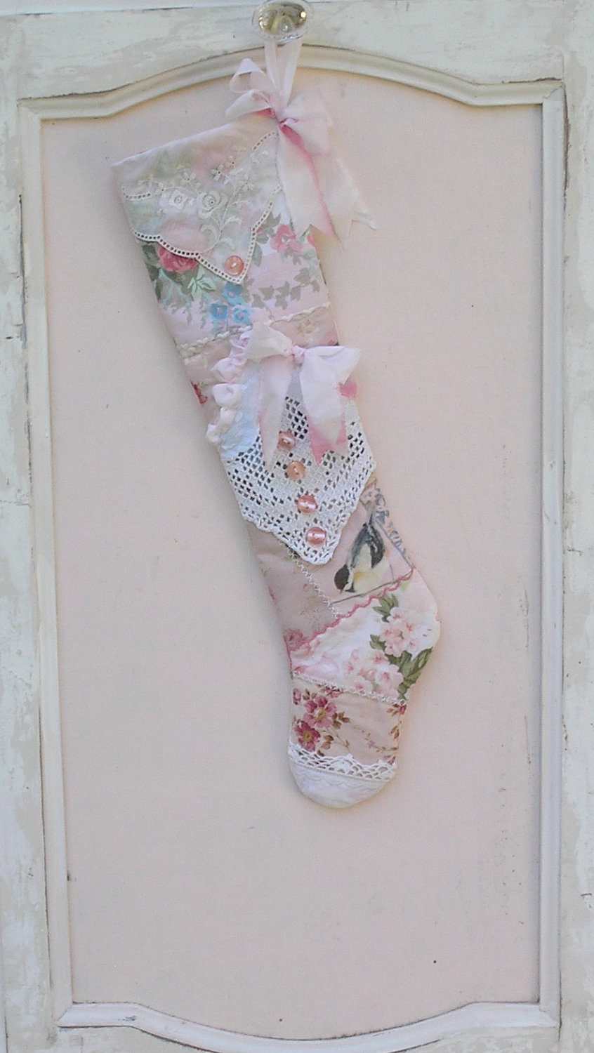 Christmas Stocking Quilted Pink Rose Patchwork Shabby Chic