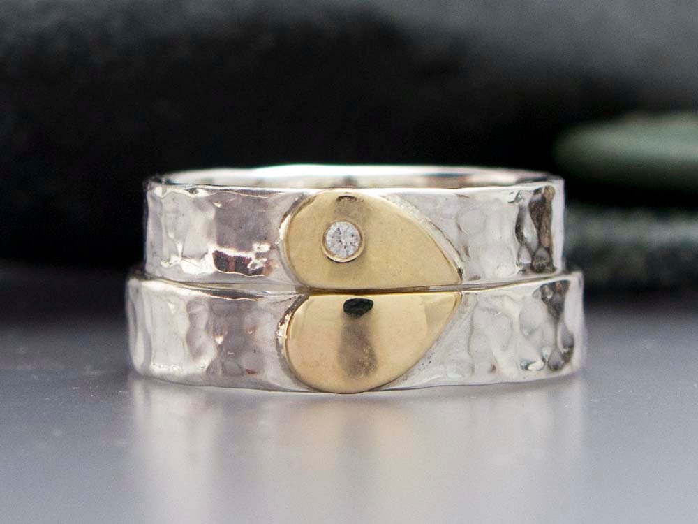 Diamond Heart Wedding Band Set in 14k Gold and Hammered Sterling Silver - We Hold One Heart