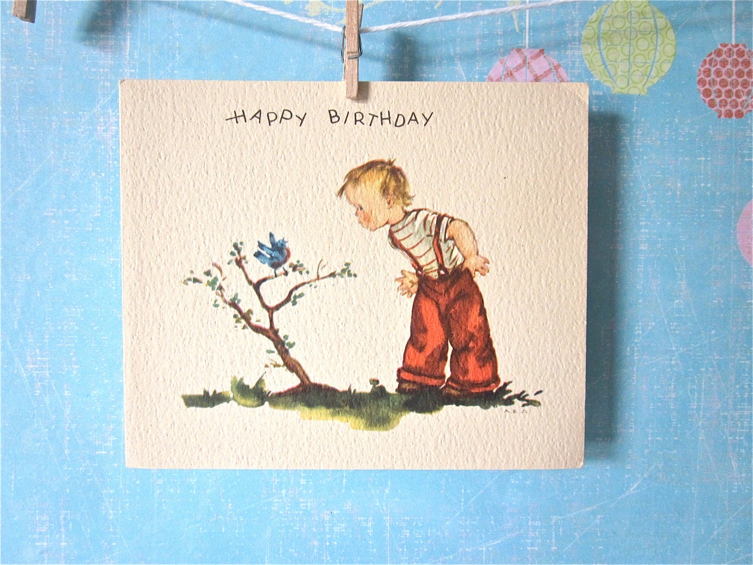 Vintage Birthday Card Little Boy and Bluebird in a Tree 1940's
