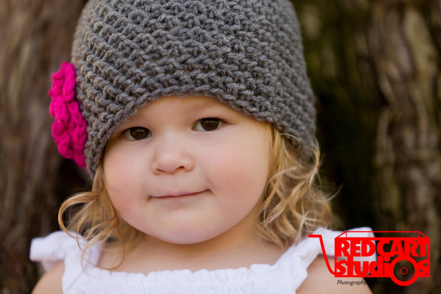 Gray Flower Beanie with Pearl Button - Available in 5 sizes