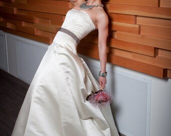 Lady- Custom Silk Strapless Ball Gown with Pearl Bead Belt