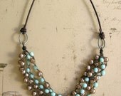 Bohemian statement necklace leather, baroque pearls, multi strand necklace, crochet jewelry, boho cottage chic, sundance, sky blue, cocoa