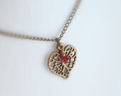 Antique Brass Filigree Heart Necklace Personalized with Swarovski Birthstone Bead Dangle