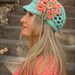HIPPIE FLOWER turquoise Visor BEANIE hat with Headband Flower Hat crochet Cotton Beanie hat Boho Hat Flower Power