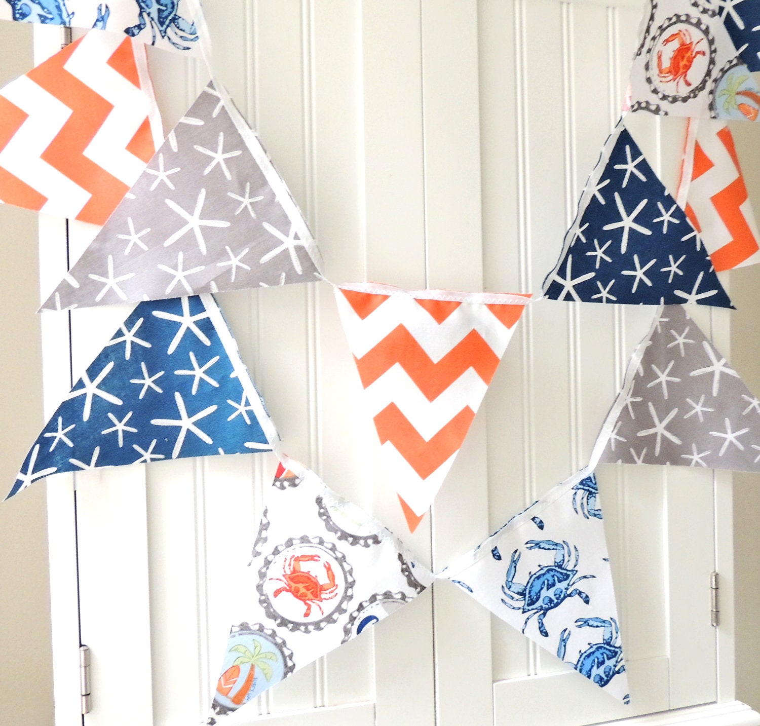 Beach House 21 Fabric Flag Bunting, 9 Feet Banner, Nautical Navy Blue, Grey, Orange, Baby Boy Nursery Decor, Birthday Party, Photo Prop