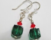 Dainty Christmas Earrings - Red & Green Xmas Dangles, Sterling Silver, Delicate, Small, Festive, Holiday Jewelry, Wire Wrap