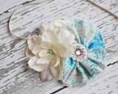 Bye Bye Birdie- blue and ivory floral frayed fabric ruffle and rosette headband