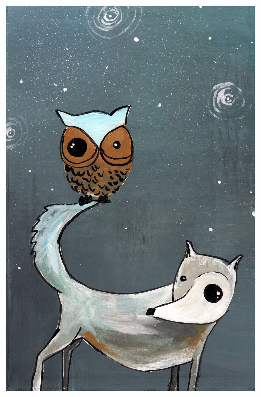 wolf and owl GIant poster print 11x17 poster print -gray and white wolf with mustard yellow - deep yellow owl on his tail