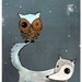 wolf and owl GIant poster print 11x17 poster print -gray and white wolf with mustard yellow - deep yellow owl on his tail