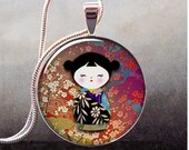 Kokeshi Doll art pendant, Kokeshi necklace charm, Japanese jewelry pendant (379)