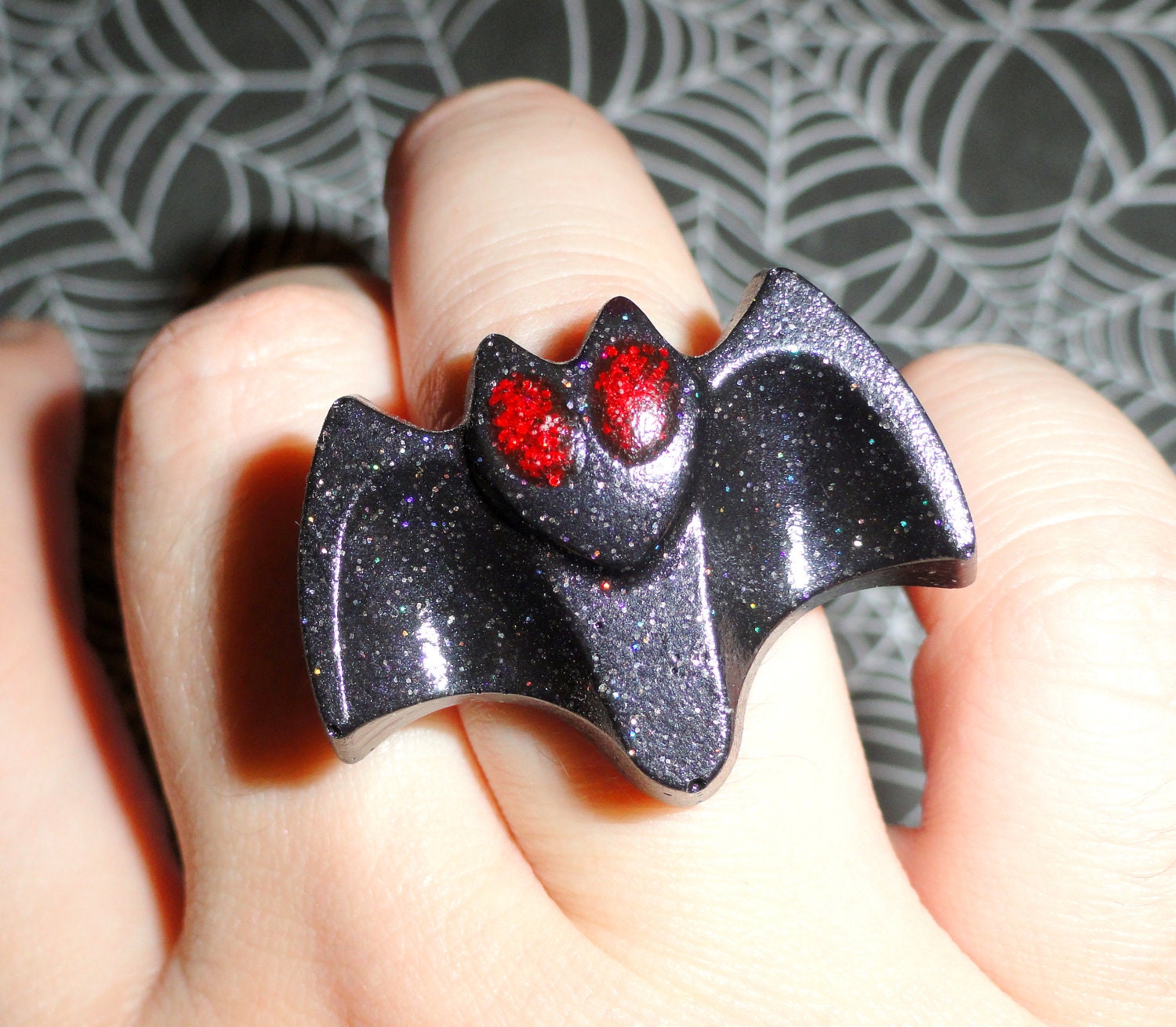 Vampire Bat Ring - Resin Glitter - Holographic Black with Red Eyes - Adjustable